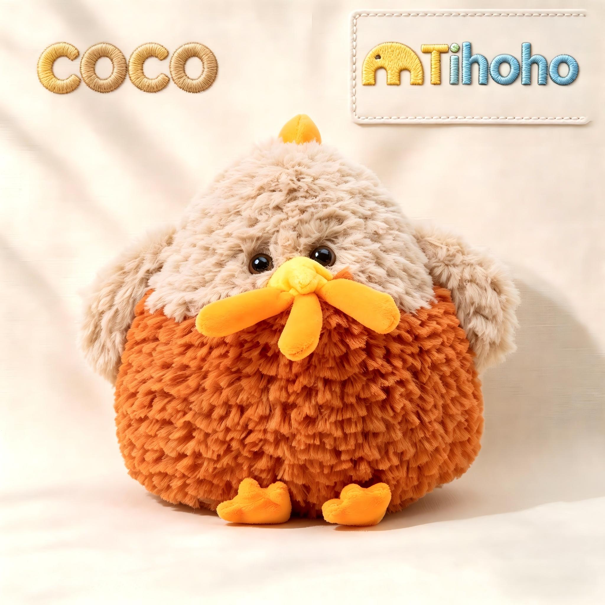 Brown Coco Chicken interactive plush toy with Tihoho Toys logo, cute stuffed animal for toddlers, baby sensory gift
