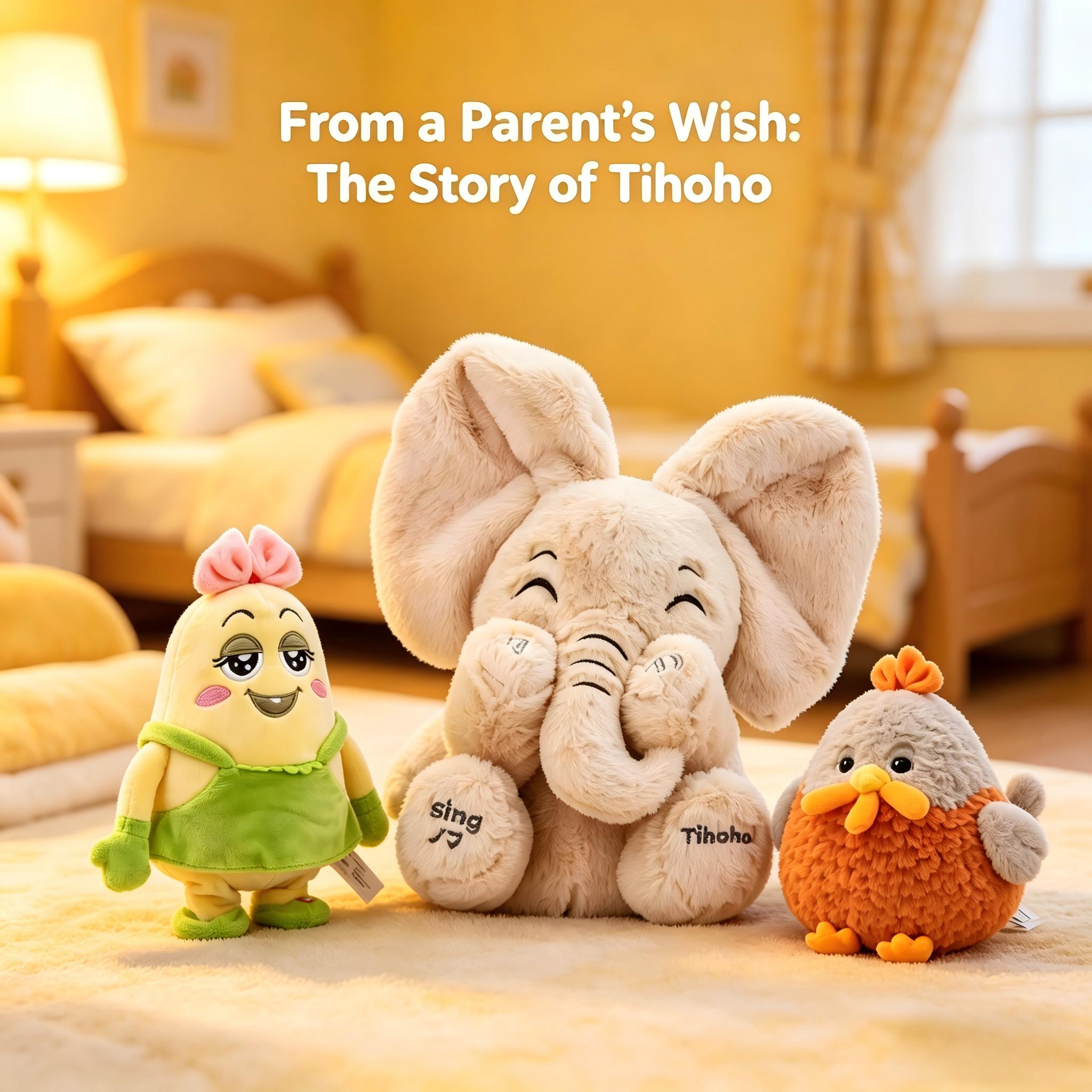 Tihoho brand story banner featuring Baby Elephant Nana and Chick Coco plush toys, from a parent's wish